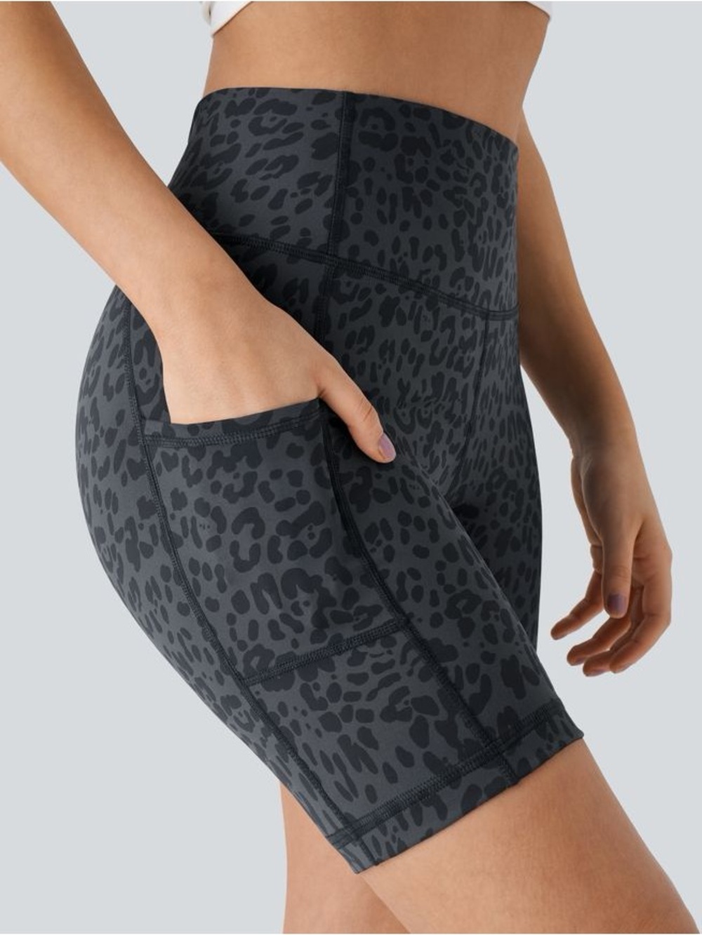 HALARA S NWT Dark Gray Blue Leopard Print High-Waist Pocket Biker Shorts